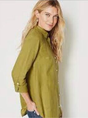 J Jill Linen Tab-Sleeve A Line Shirt Avocado Green Large